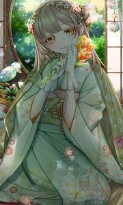 Preview wallpaper girl, kimono, tulips, bouquet, anime, art, cartoon