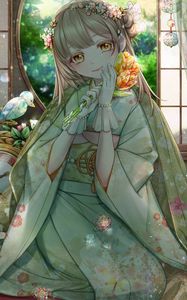 Preview wallpaper girl, kimono, tulips, bouquet, anime, art, cartoon