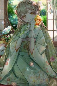 Preview wallpaper girl, kimono, tulips, bouquet, anime, art, cartoon