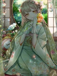 Preview wallpaper girl, kimono, tulips, bouquet, anime, art, cartoon