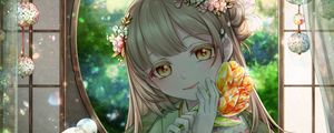 Preview wallpaper girl, kimono, tulips, bouquet, anime, art, cartoon