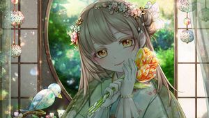 Preview wallpaper girl, kimono, tulips, bouquet, anime, art, cartoon