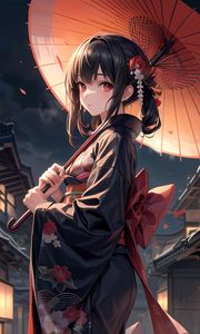 Preview wallpaper girl, kimono, umbrella, jewelry, bow, anime