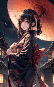 Preview wallpaper girl, kimono, umbrella, jewelry, bow, anime