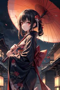 Preview wallpaper girl, kimono, umbrella, jewelry, bow, anime