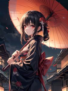 Preview wallpaper girl, kimono, umbrella, jewelry, bow, anime