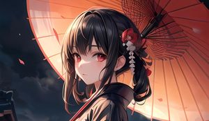 Preview wallpaper girl, kimono, umbrella, jewelry, bow, anime