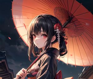 Preview wallpaper girl, kimono, umbrella, jewelry, bow, anime
