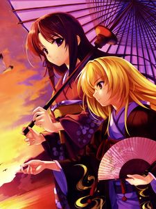 Preview wallpaper girl, kimono, umbrella, gull, sunset