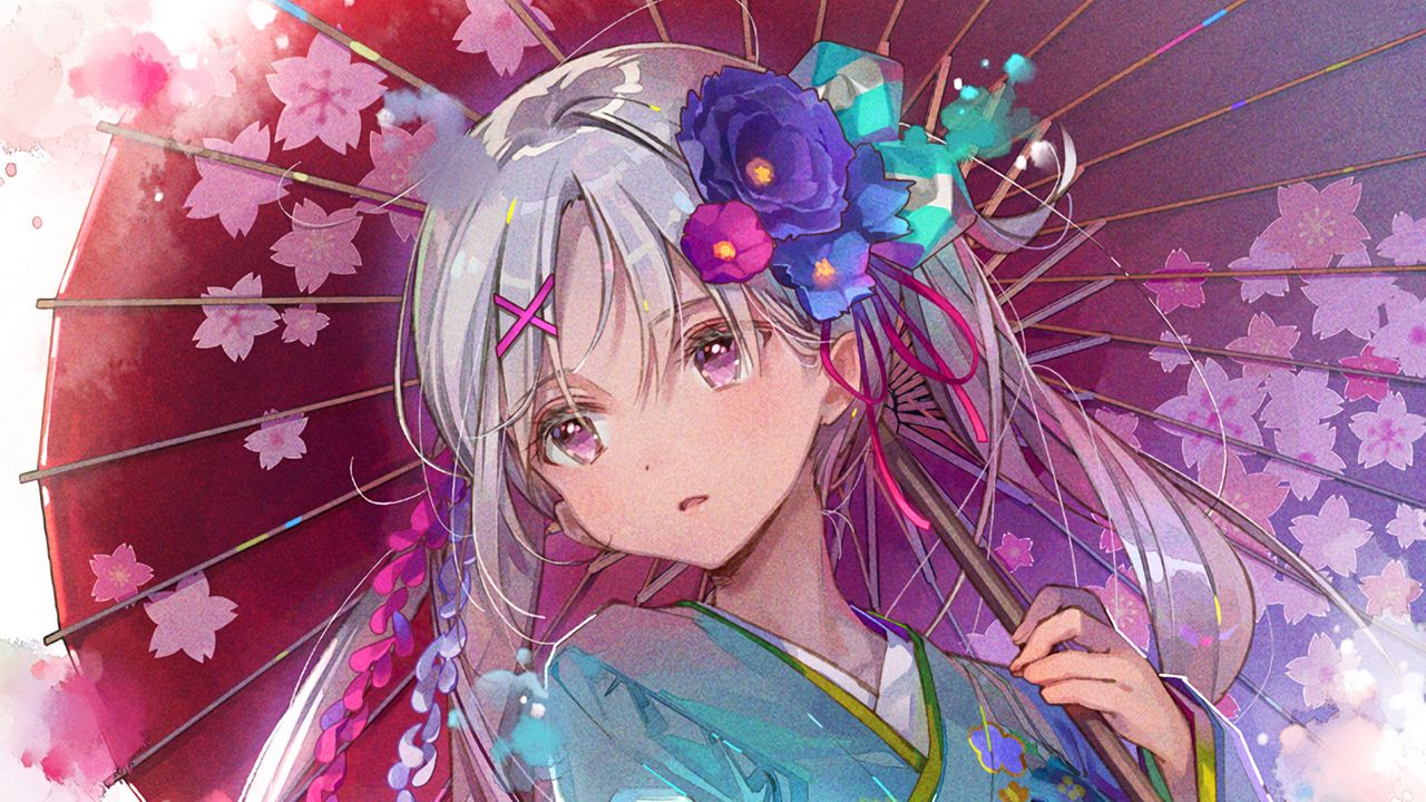 Wallpaper girl, kimono, umbrella, anime