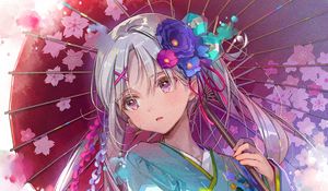 Preview wallpaper girl, kimono, umbrella, anime