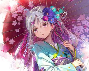 Preview wallpaper girl, kimono, umbrella, anime