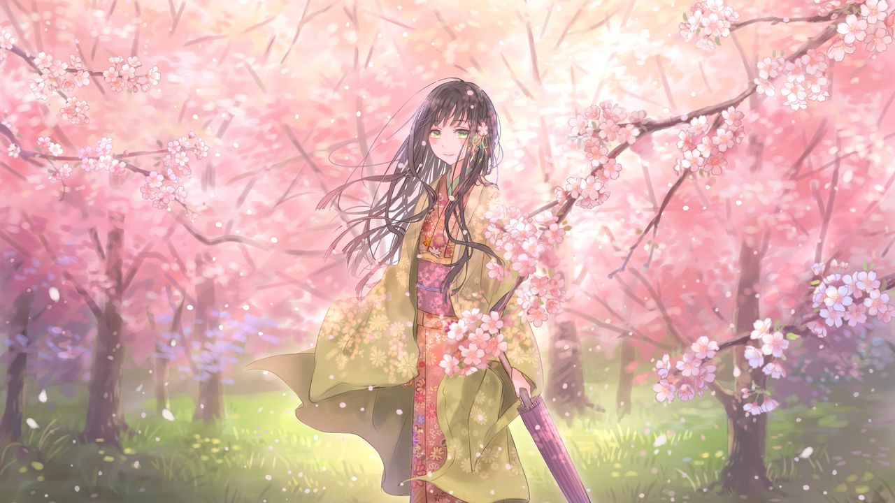 Wallpaper girl, kimono, umbrella, sakura, petals, anime, art