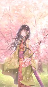 Preview wallpaper girl, kimono, umbrella, sakura, petals, anime, art