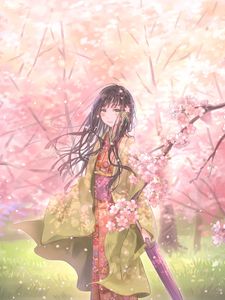 Preview wallpaper girl, kimono, umbrella, sakura, petals, anime, art