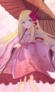 Preview wallpaper girl, kimono, umbrella, anime, art, pink