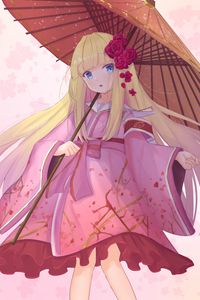 Preview wallpaper girl, kimono, umbrella, anime, art, pink