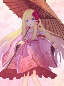 Preview wallpaper girl, kimono, umbrella, anime, art, pink