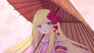 Preview wallpaper girl, kimono, umbrella, anime, art, pink