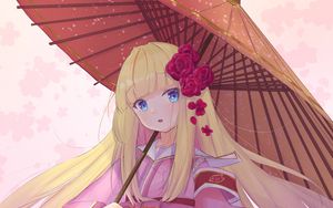 Preview wallpaper girl, kimono, umbrella, anime, art, pink