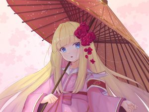 Preview wallpaper girl, kimono, umbrella, anime, art, pink