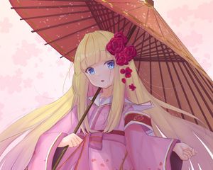 Preview wallpaper girl, kimono, umbrella, anime, art, pink