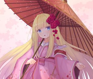 Preview wallpaper girl, kimono, umbrella, anime, art, pink