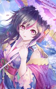 Preview wallpaper girl, kimono, umbrella, rain, anime