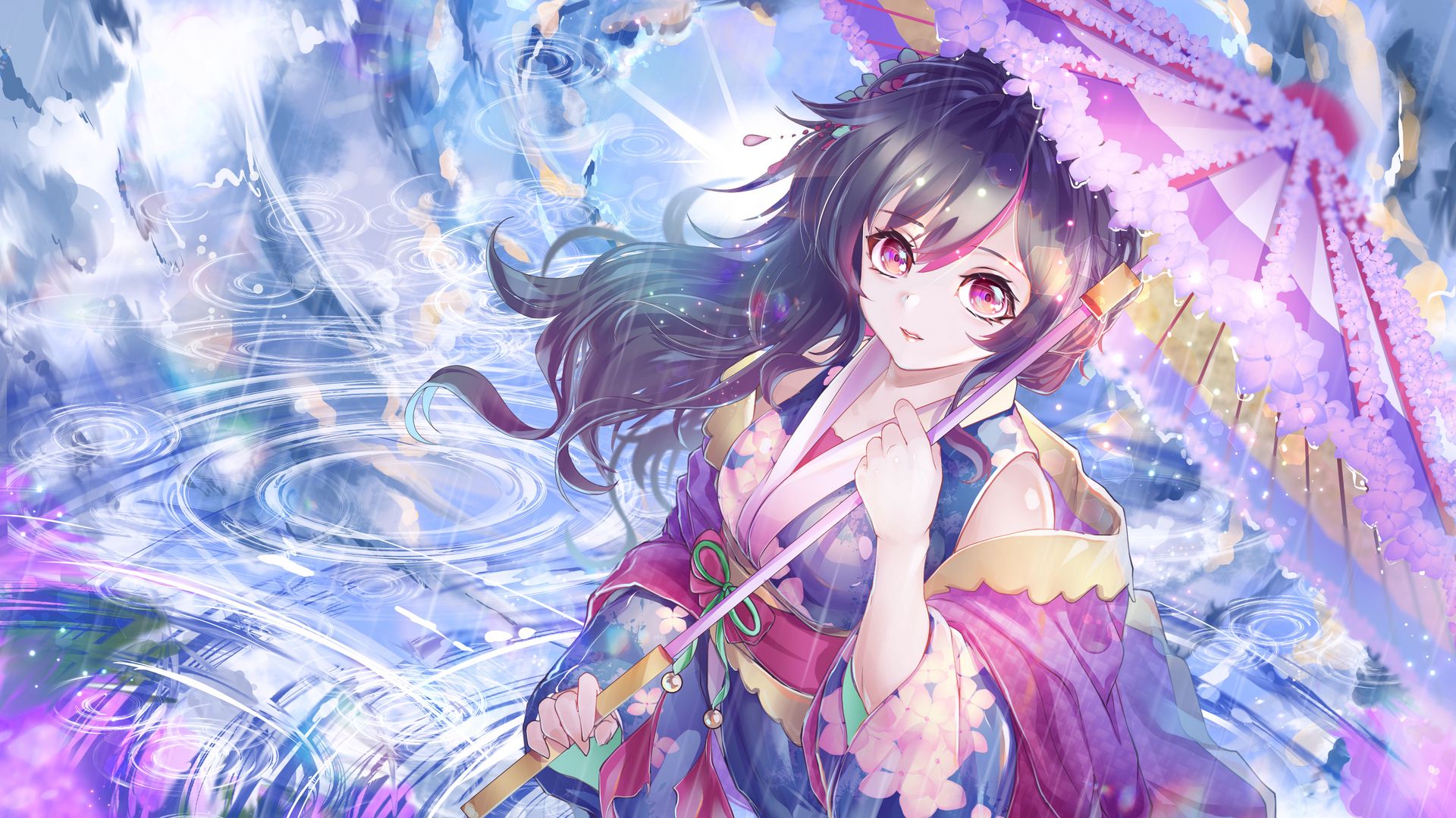 Download wallpaper 1920x1080 girl, kimono, umbrella, rain, anime full