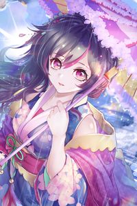 Preview wallpaper girl, kimono, umbrella, rain, anime