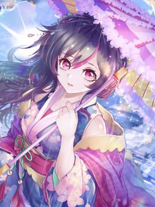 Preview wallpaper girl, kimono, umbrella, rain, anime