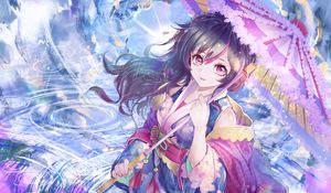 Preview wallpaper girl, kimono, umbrella, rain, anime