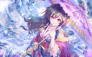 Preview wallpaper girl, kimono, umbrella, rain, anime