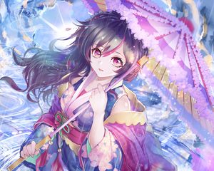 Preview wallpaper girl, kimono, umbrella, rain, anime