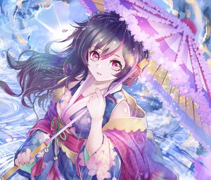 Preview wallpaper girl, kimono, umbrella, rain, anime