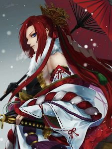 Preview wallpaper girl, kimono, umbrella, anime, art, samurai, red