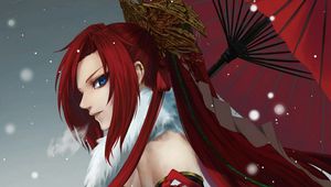 Preview wallpaper girl, kimono, umbrella, anime, art, samurai, red