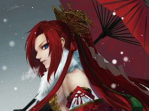 Preview wallpaper girl, kimono, umbrella, anime, art, samurai, red