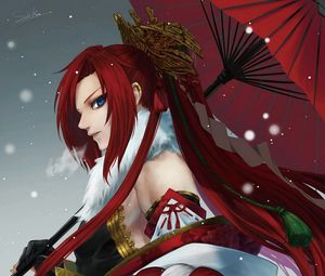 Preview wallpaper girl, kimono, umbrella, anime, art, samurai, red