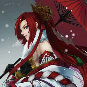 Preview wallpaper girl, kimono, umbrella, anime, art, samurai, red