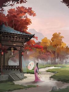 Preview wallpaper girl, kimono, umbrella, art, japan