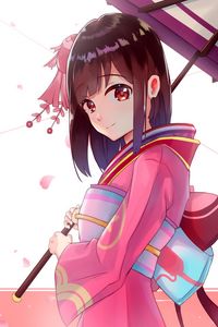 Preview wallpaper girl, kimono, umbrella, anime, pink