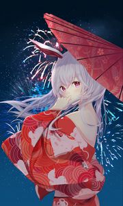 Preview wallpaper girl, kimono, umbrella, fireworks, anime