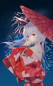 Preview wallpaper girl, kimono, umbrella, fireworks, anime