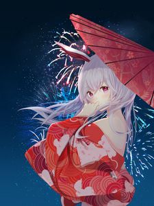 Preview wallpaper girl, kimono, umbrella, fireworks, anime