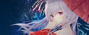 Preview wallpaper girl, kimono, umbrella, fireworks, anime