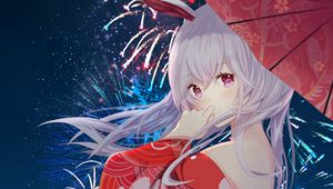 Preview wallpaper girl, kimono, umbrella, fireworks, anime