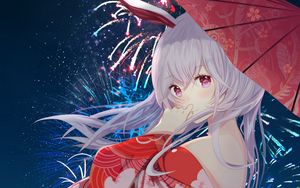 Preview wallpaper girl, kimono, umbrella, fireworks, anime