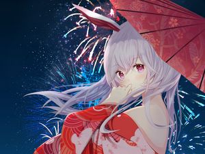 Preview wallpaper girl, kimono, umbrella, fireworks, anime