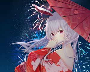 Preview wallpaper girl, kimono, umbrella, fireworks, anime